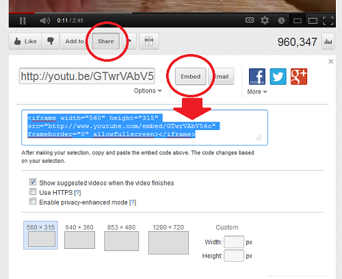 Screenshot of YouTube showing the embed code popup